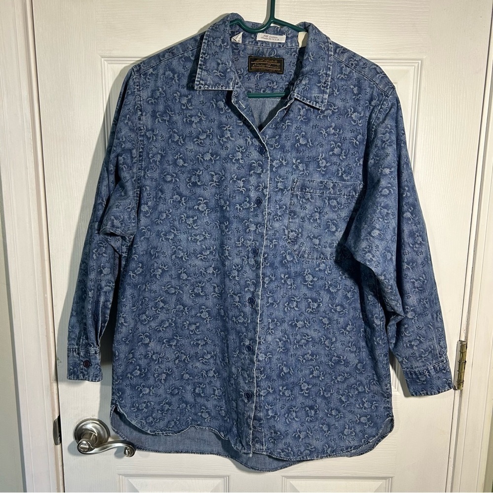 Eddie Bauer Vintage Womens Denim Button Up Size 12 Floral Print Cotton USA